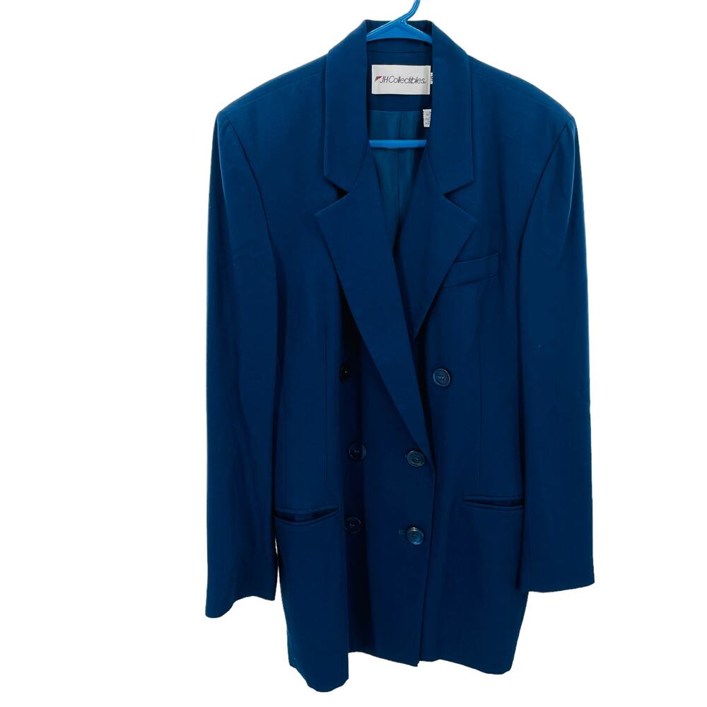 Vintage 80s JH Collectibles Blue Double Breasted Lined Long Blazer ILGWU USA 10